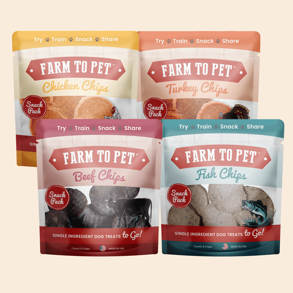 Farm to Pet Snack Pack with chicken, turkey, beef, and fish dog treats